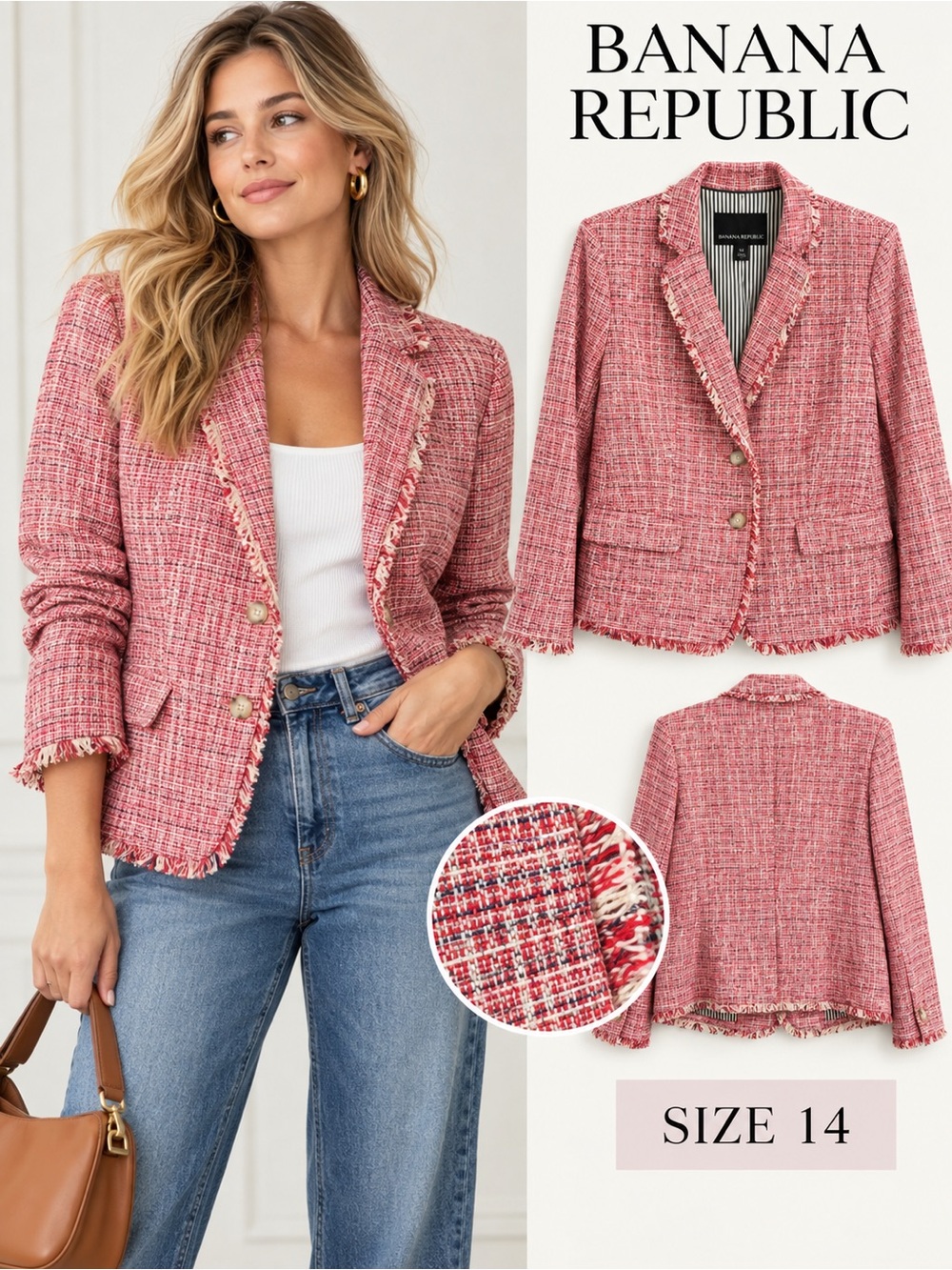 Banana Republic Size 14 Pink Red Tweed Fringe Blazer Jacket